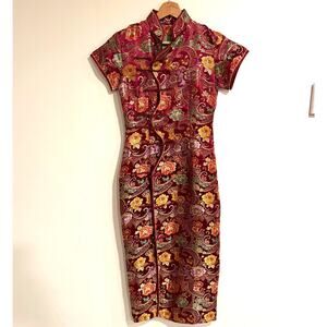Chinese Cheongsam Qipao Dress Burgundy Floral Brocade Womens S Midi Asian